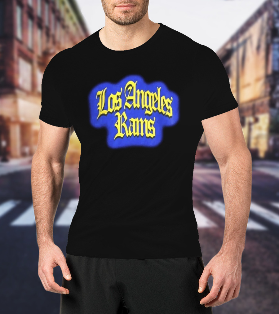 Los Angeles Rams Yellow Gothic Letters Blue Aura T-Shirt