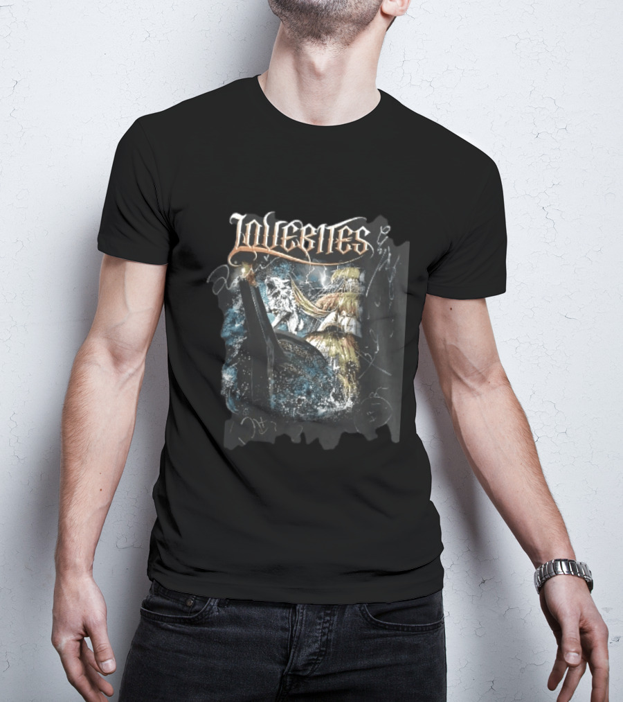Lovebites Howling White Wolf Ship Amidst Ocean Storm And Lightning Waves T-Shirt