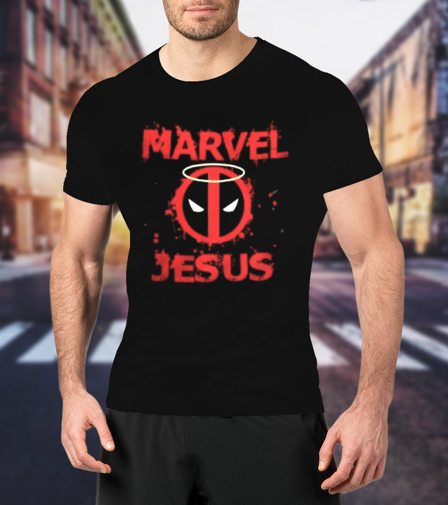 Marvel Jesus Distressed Deadpool Mask Yellow Halo Splatter T-Shirt