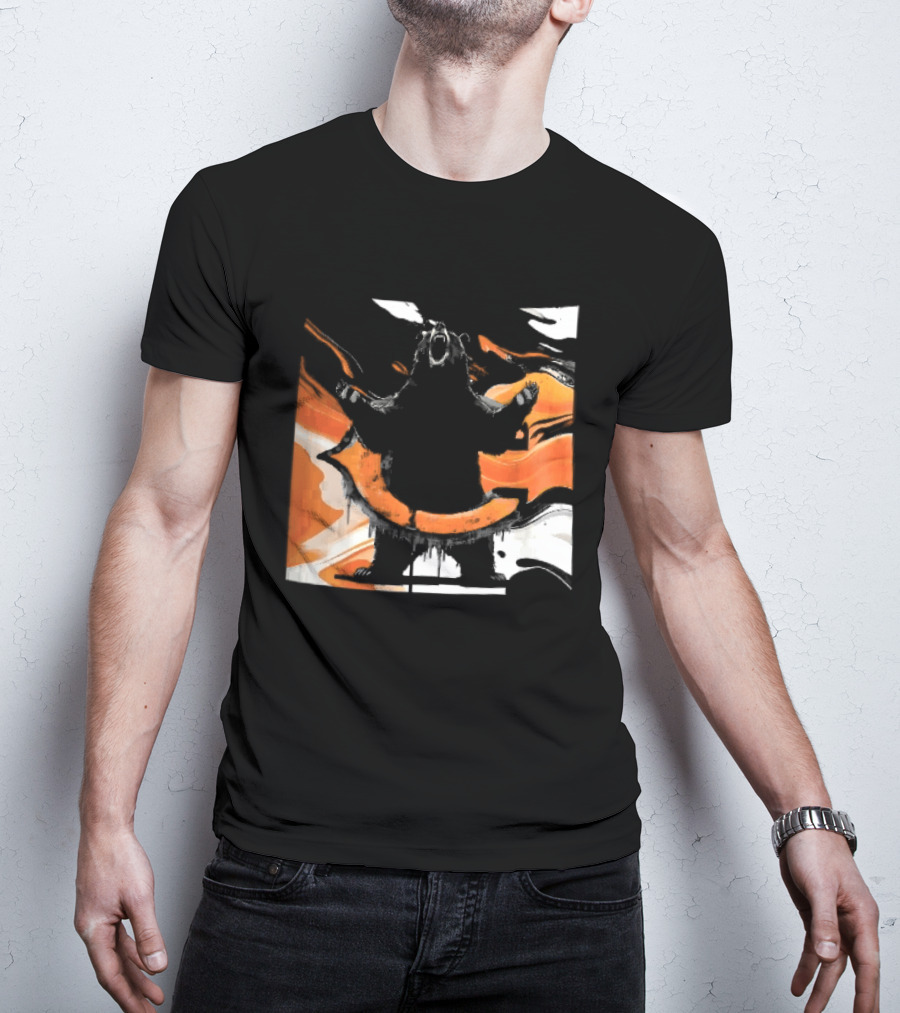 Roaring Black Bear Orange Liquid Swirls Dripping Banner T-Shirt
