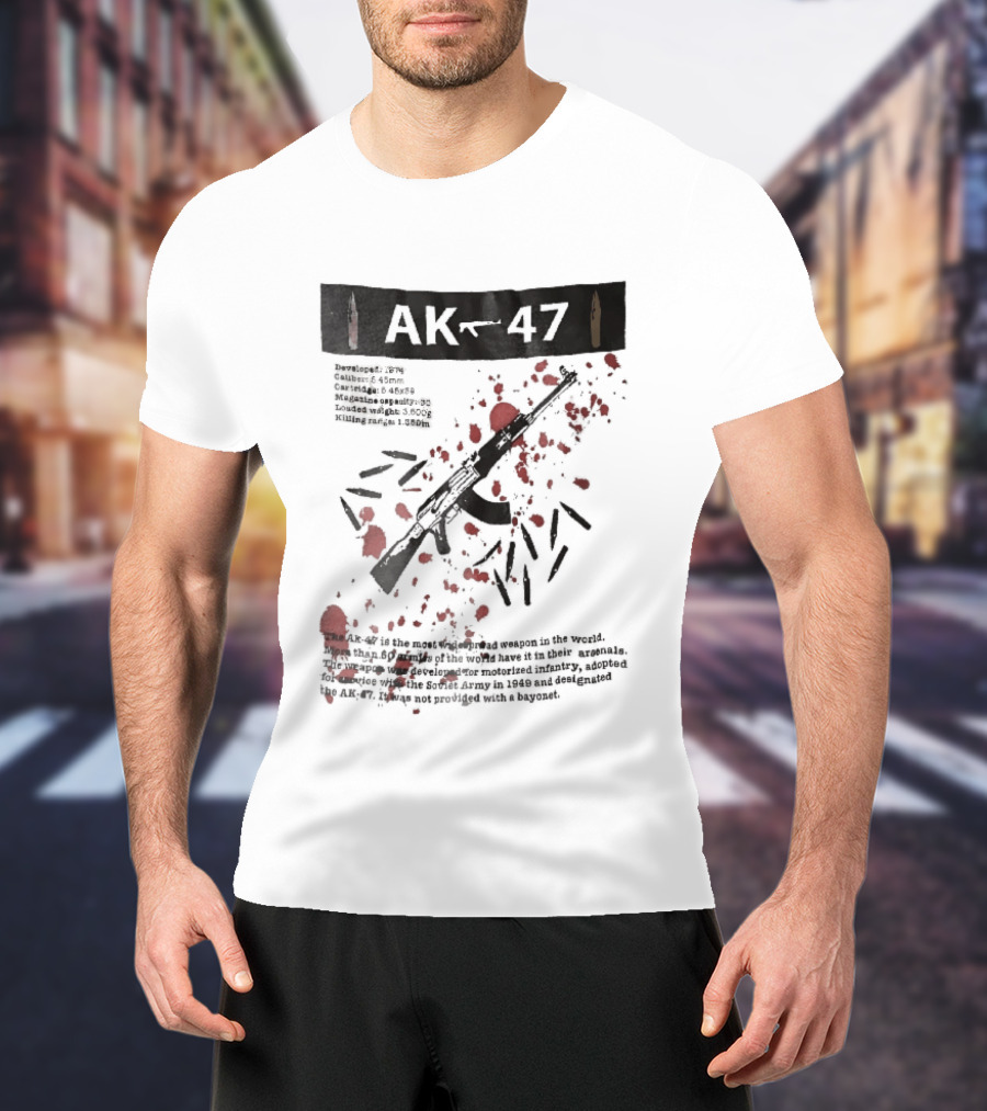 AK 47 1949 Rifle Sketch Red Blood Splatter Bullets Widespread Weapon Statistics T-Shirt