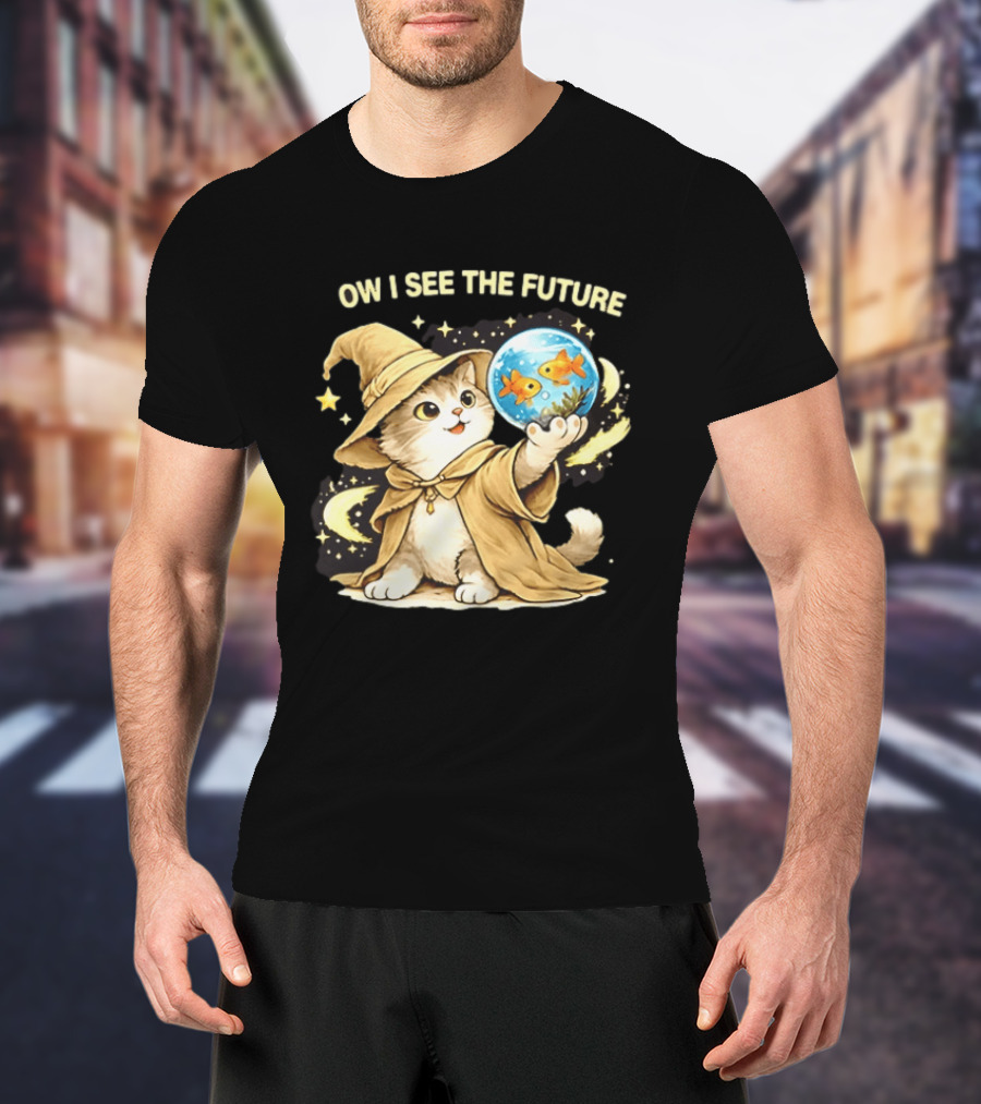 Wizard Cat Halloween Ow I See The Future Goldfish T-Shirt