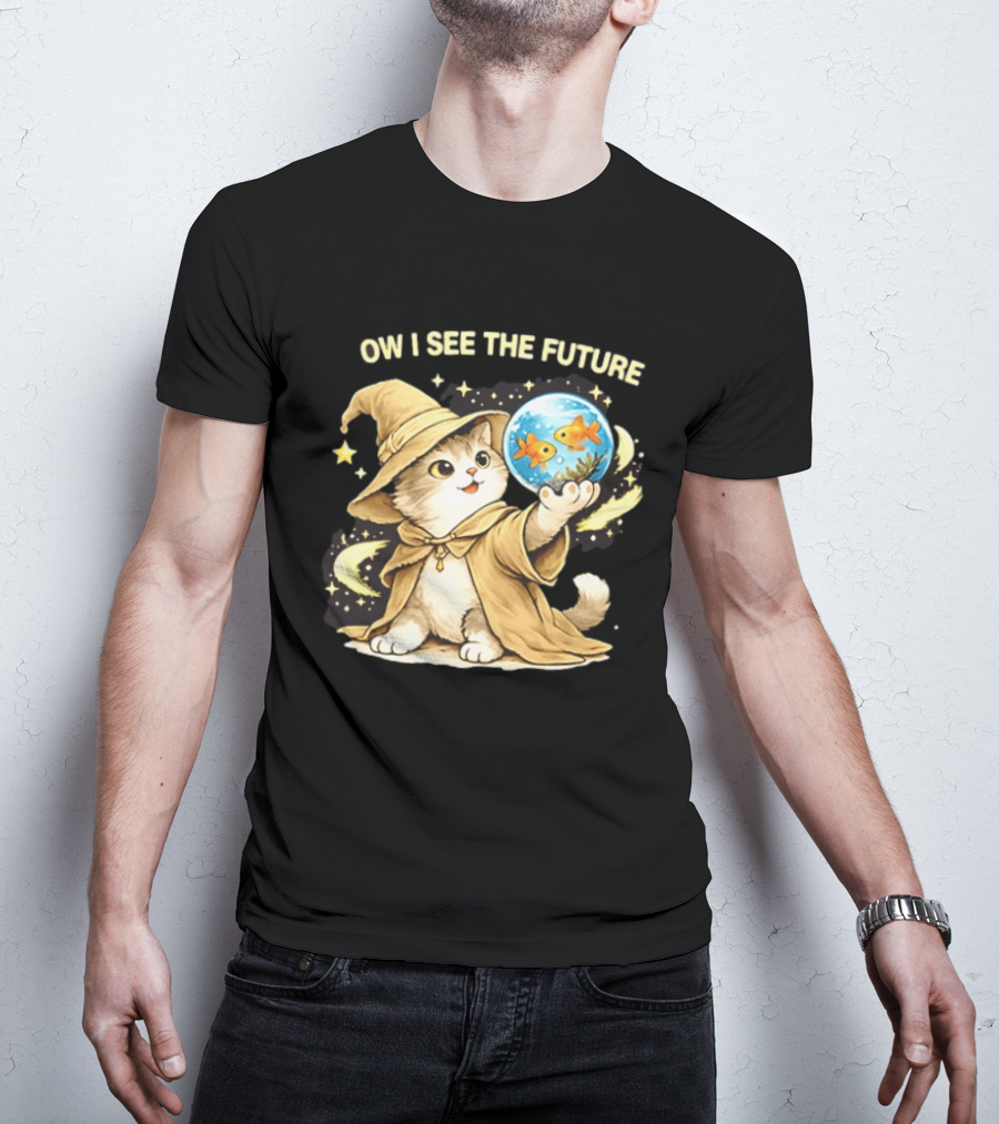 Wizard Cat Halloween Ow I See The Future Goldfish T-Shirt