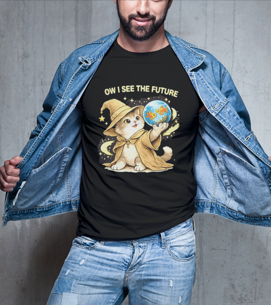 Wizard Cat Halloween Ow I See The Future Goldfish T-Shirt