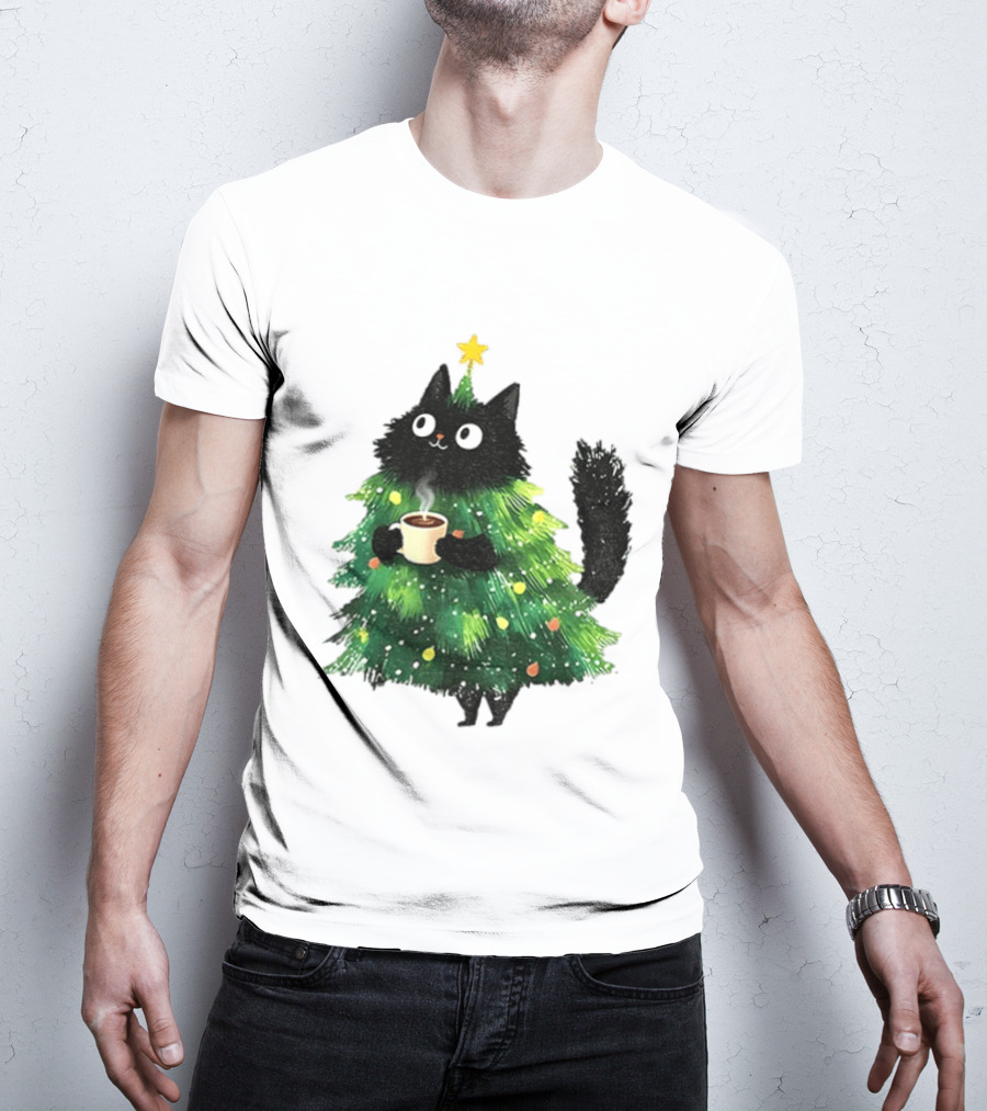 Black Cat Christmas Tree With Hot Coffee Cup T-Shirt