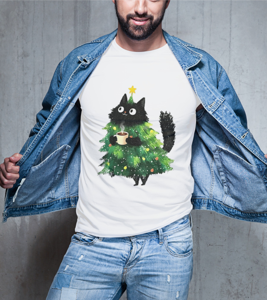 Black Cat Christmas Tree With Hot Coffee Cup T-Shirt