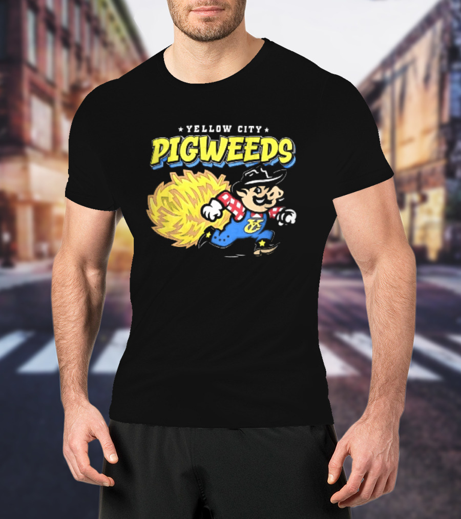 Yellow City Pigweeds Cartoon Cowboy Overalls Tumbleweed Running T-Shirt