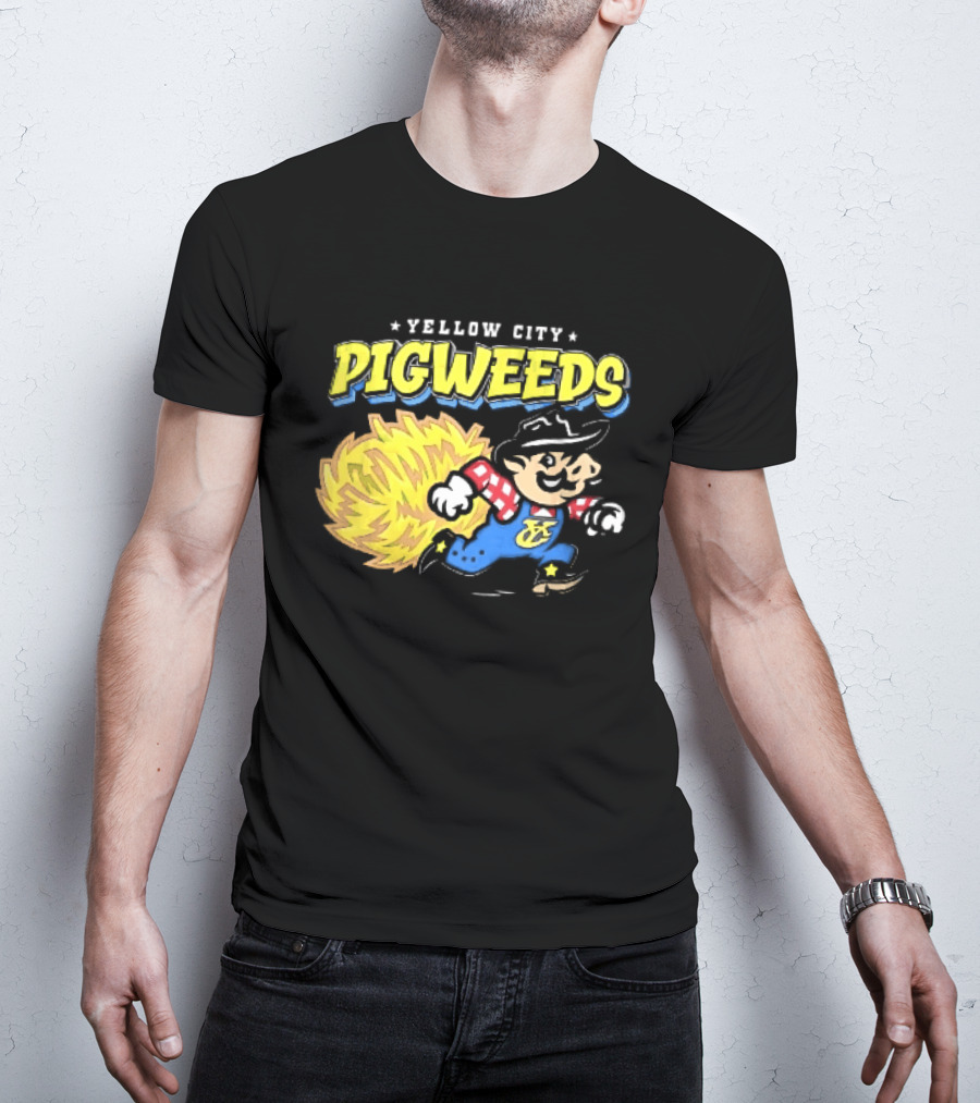 Yellow City Pigweeds Cartoon Cowboy Overalls Tumbleweed Running T-Shirt