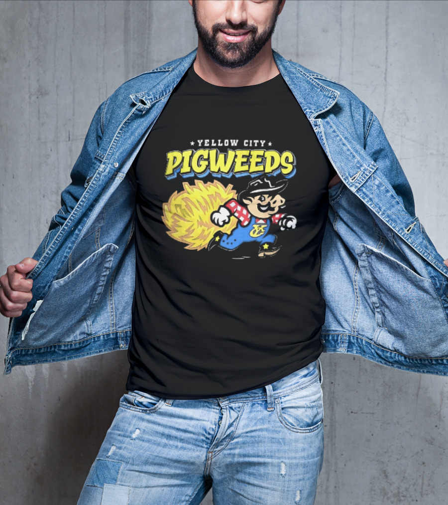Yellow City Pigweeds Cartoon Cowboy Overalls Tumbleweed Running T-Shirt