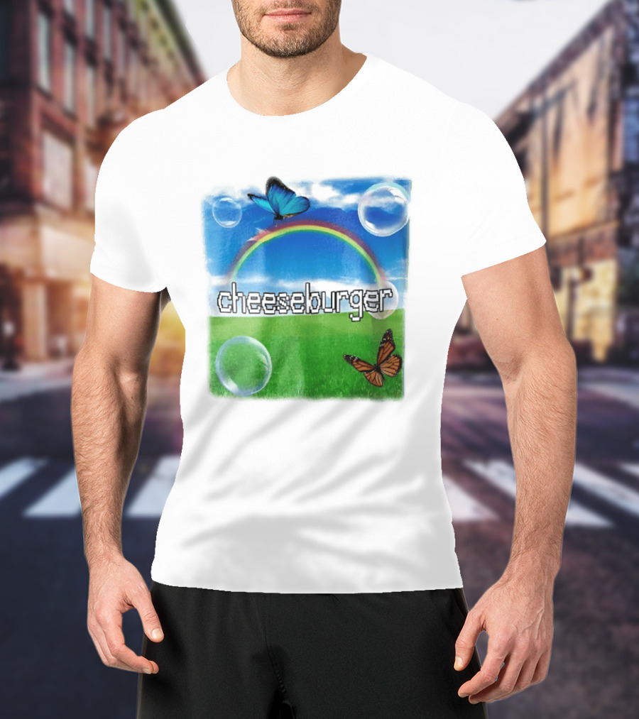 Cheeseburger Pixel Text Rainbow Butterflies Floating Bubbles T-Shirt