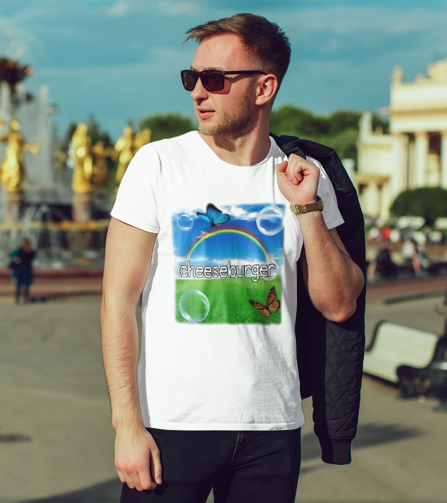 Cheeseburger Pixel Text Rainbow Butterflies Floating Bubbles T-Shirt