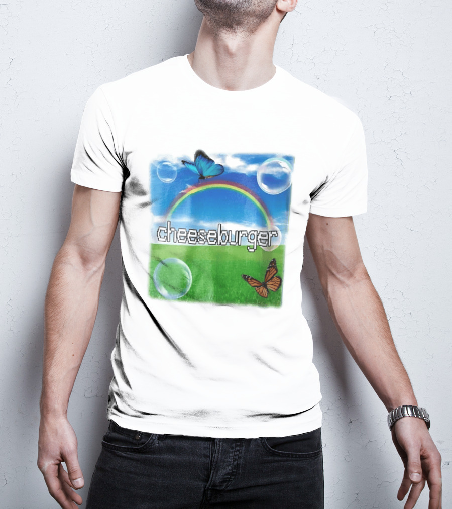 Cheeseburger Pixel Text Rainbow Butterflies Floating Bubbles T-Shirt