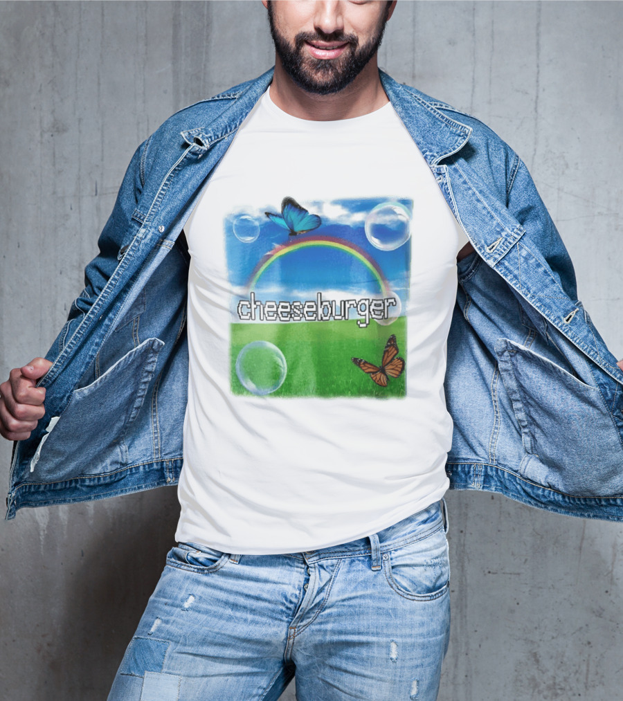 Cheeseburger Pixel Text Rainbow Butterflies Floating Bubbles T-Shirt
