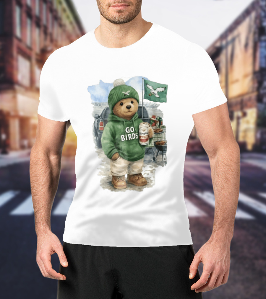 Philadelphia Eagles Go Birds Yuengling Lager Tailgate Teddy Bear Watercolor Truck Scene T-Shirt