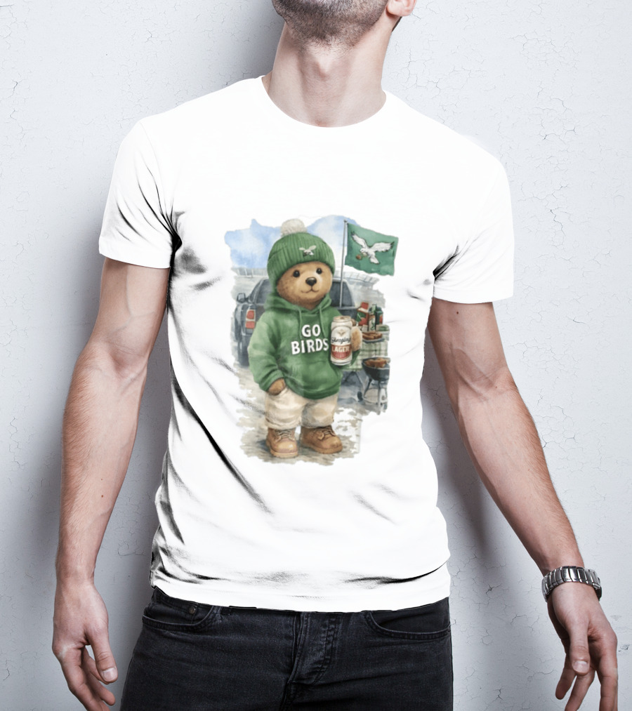 Philadelphia Eagles Go Birds Yuengling Lager Tailgate Teddy Bear Watercolor Truck Scene T-Shirt