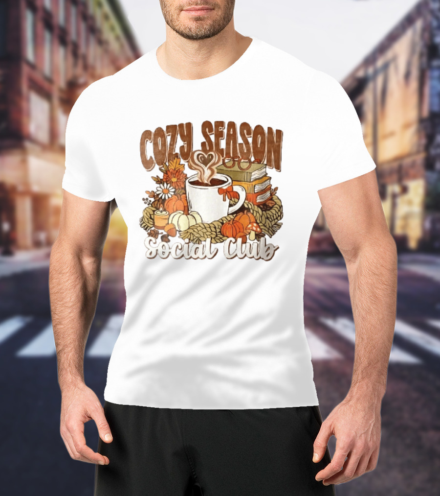 Cozy Season Social Club Coffee Books Pumpkins Knitted Blanket Autumn Vibes T-Shirt
