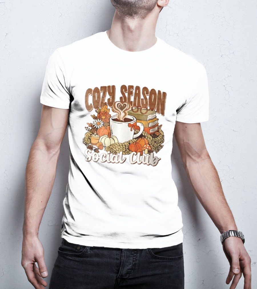 Cozy Season Social Club Coffee Books Pumpkins Knitted Blanket Autumn Vibes T-Shirt