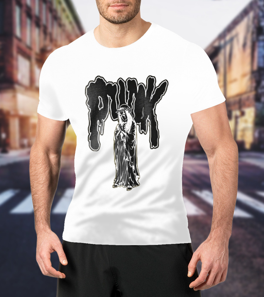 Punk Dripping Hooded Skeleton Praying Crown Of Thorns T-Shirt