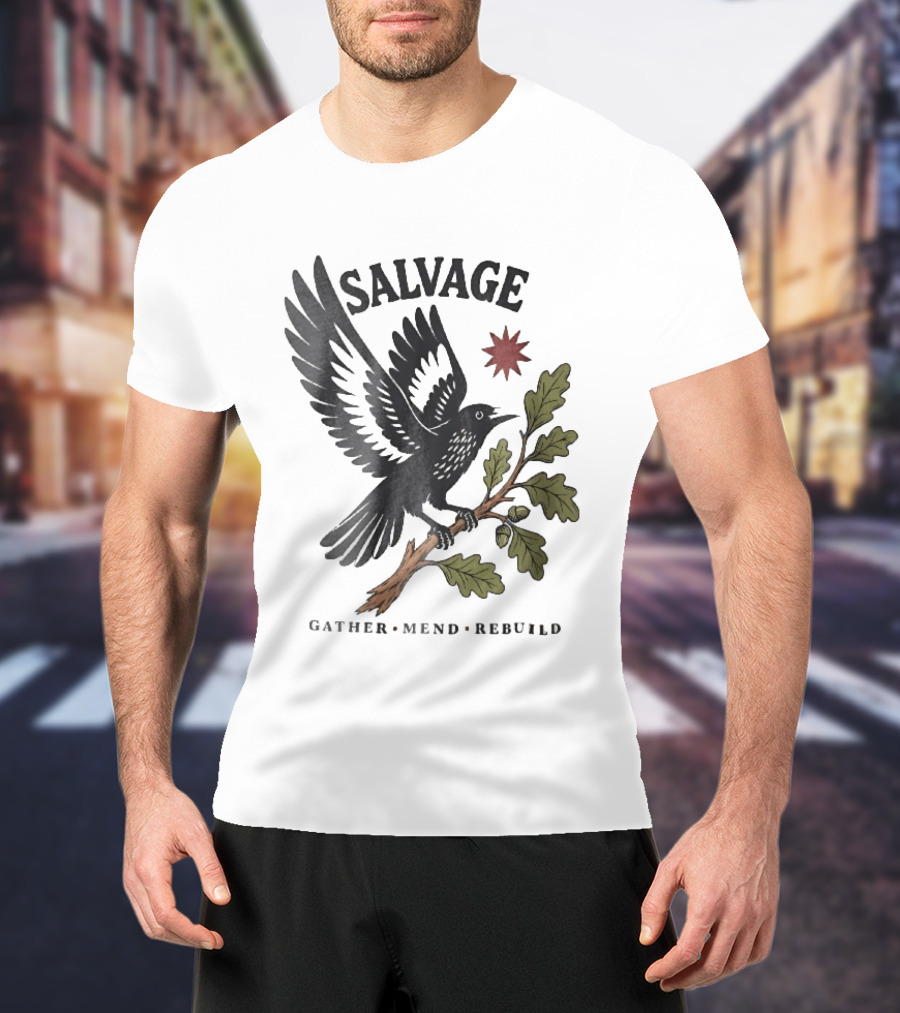 Salvage Gather Mend Rebuild Bird On Oak Branch With Acorns T-Shirt