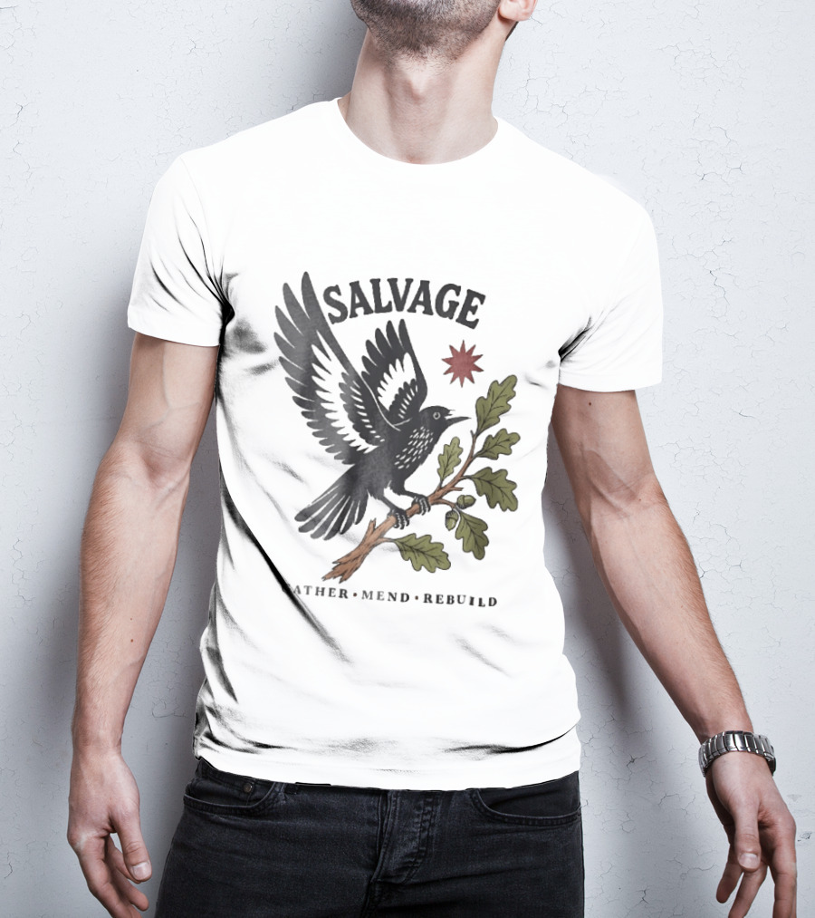 Salvage Gather Mend Rebuild Bird On Oak Branch With Acorns T-Shirt