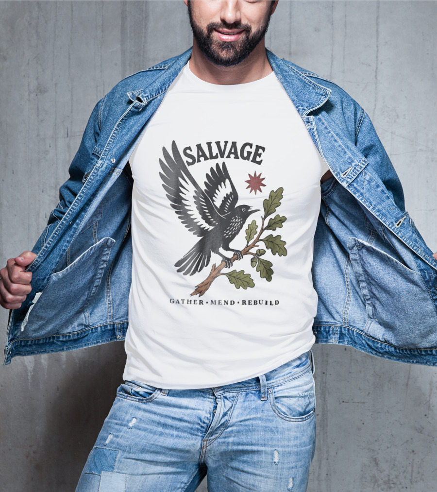 Salvage Gather Mend Rebuild Bird On Oak Branch With Acorns T-Shirt