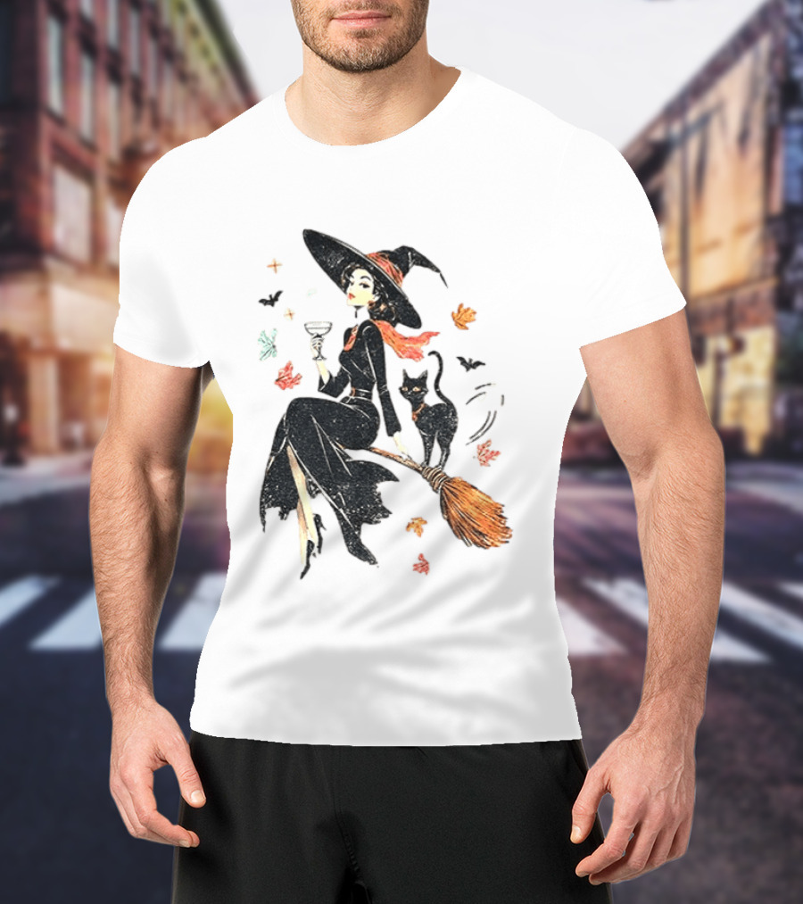 Witch Cat Ringer Spooky Fall Pumpkin Halloween Vintage Witch And Black Cat On Broomstick With Coffee Cup And Autumn Leaves T-Shirt