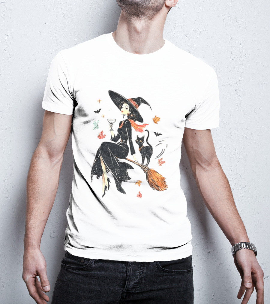 Witch Cat Ringer Spooky Fall Pumpkin Halloween Vintage Witch And Black Cat On Broomstick With Coffee Cup And Autumn Leaves T-Shirt
