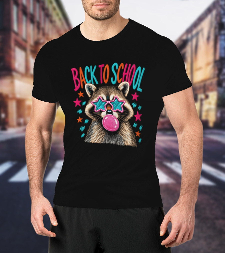 Back To School Raccoon Bubble Gum Star Sunglasses Fun Fashion T-Shirt