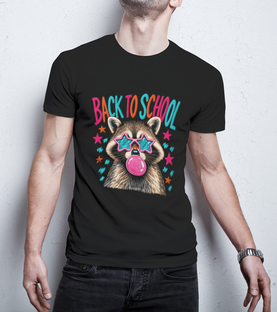 Back To School Raccoon Bubble Gum Star Sunglasses Fun Fashion T-Shirt