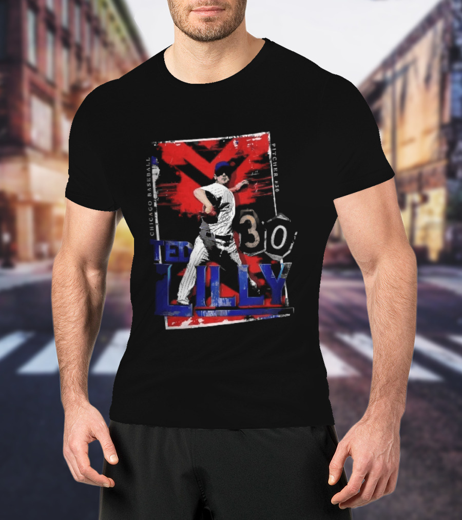 Chicago Baseball MLB Pitcher Ted Lilly 30 Distressed Red Black Collage Throwing Photo T-Shirt