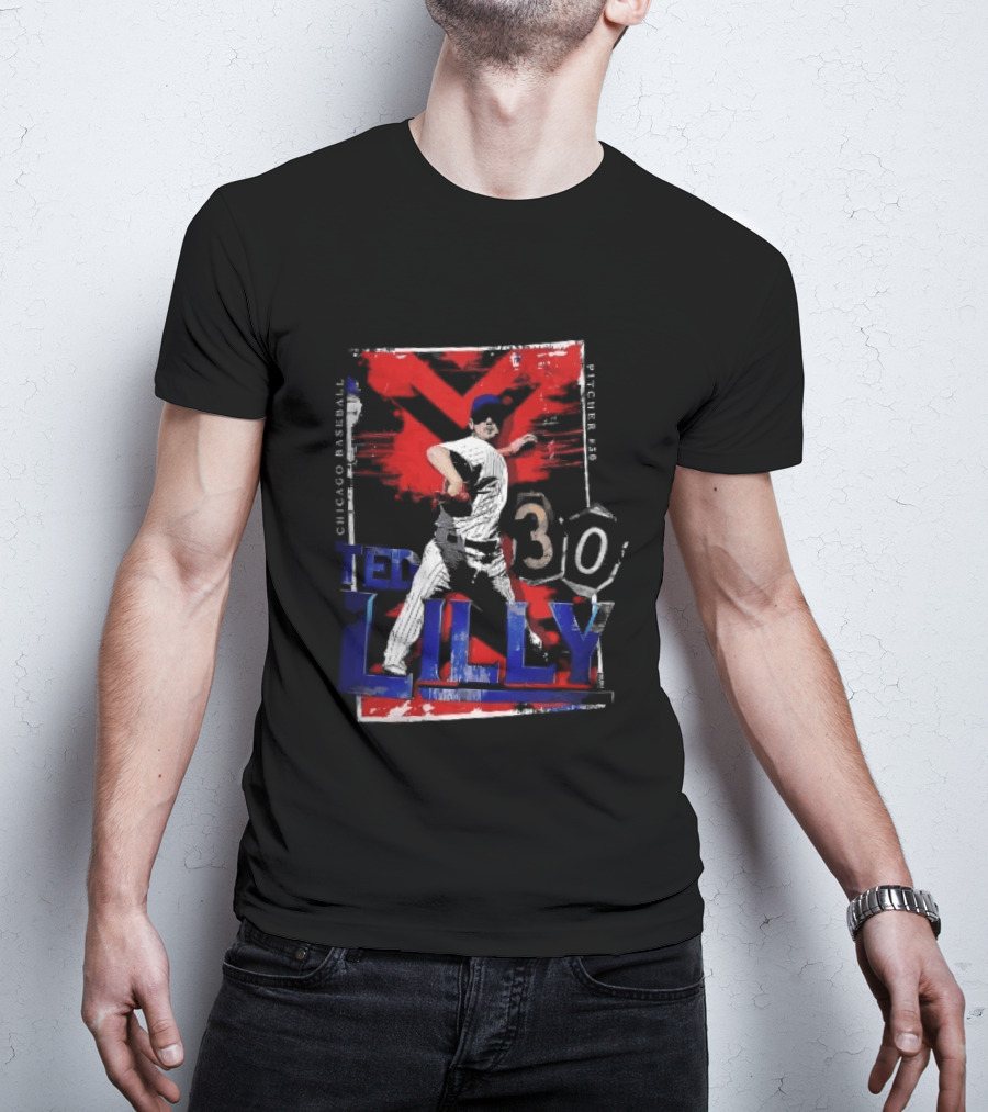 Chicago Baseball MLB Pitcher Ted Lilly 30 Distressed Red Black Collage Throwing Photo T-Shirt
