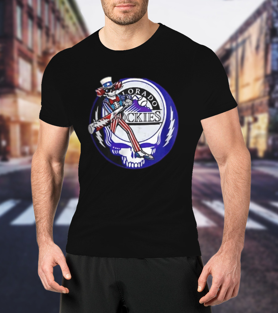 Colorado Rockies Grateful Dead Uncle Sam Skeleton Batting Lightning Stealie Skull T-Shirt