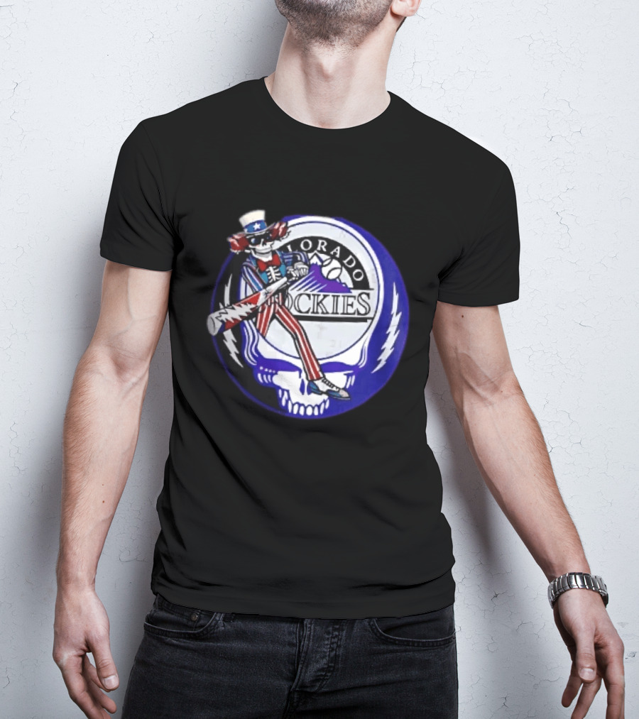 Colorado Rockies Grateful Dead Uncle Sam Skeleton Batting Lightning Stealie Skull T-Shirt