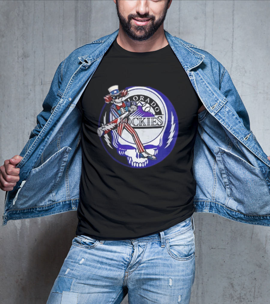 Colorado Rockies Grateful Dead Uncle Sam Skeleton Batting Lightning Stealie Skull T-Shirt