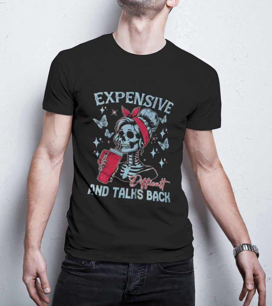 Expensive Difficult And Talks Back Skeleton With Glitter Tumbler Butterflies Stars Red Bandana T-Shirt