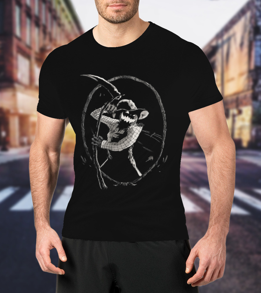 Jack O Lantern Scarecrow Holding Scythe Oval Twig Frame T-Shirt