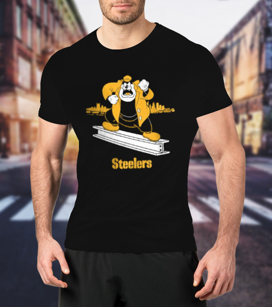 Pittsburgh Steelers Cartoon Pete On Steel Beam Cityscape T-Shirt