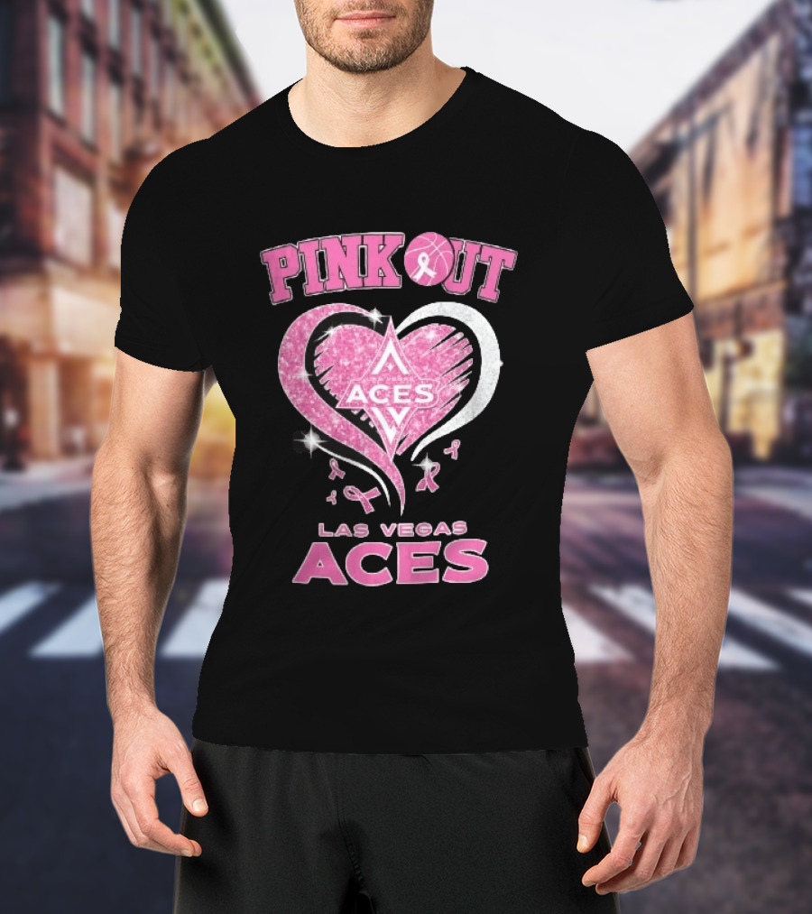 Las Vegas Aces Pink Out Glitter Heart Breast Cancer Awareness Ribbons WNBA T-Shirt