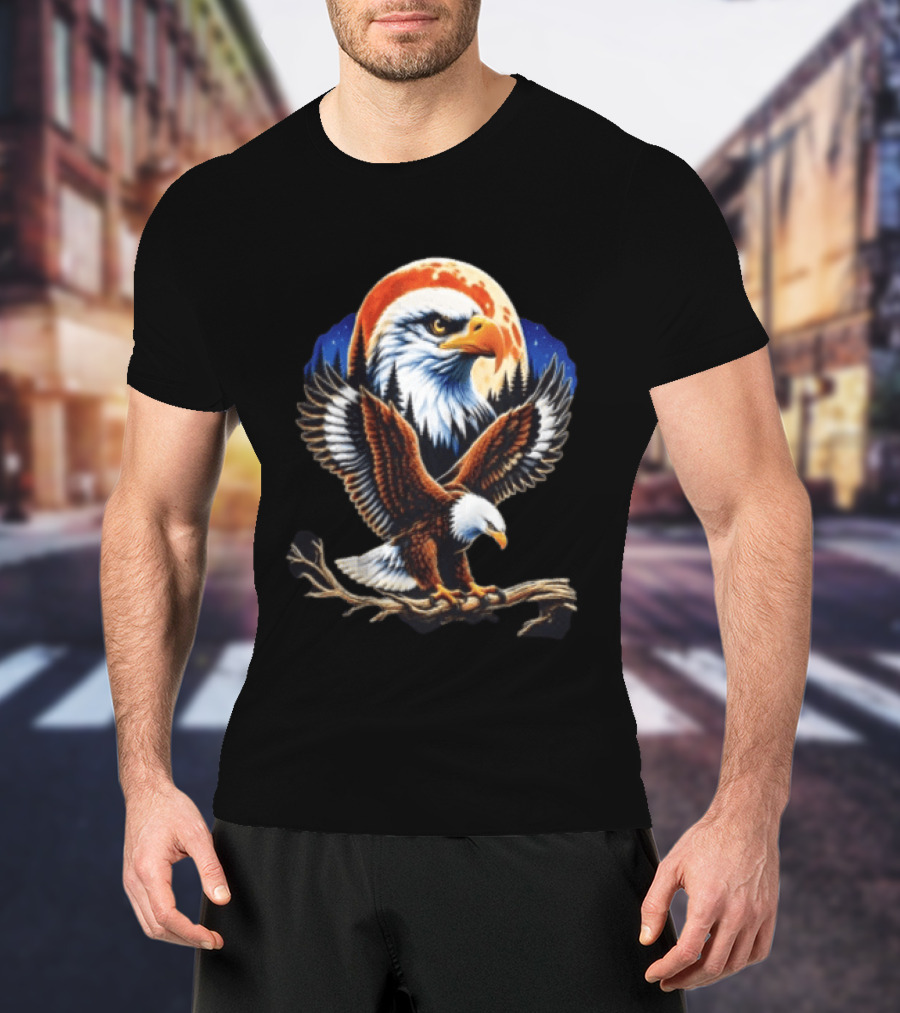 Majestic Bald Eagle With Full Moon And Forest T-Shirt