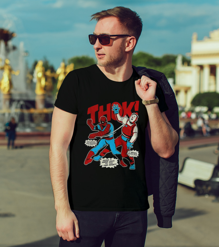 Spider Man Thok Giving A Hard Left To The Far Right Nazi Puncher Comic T-Shirt