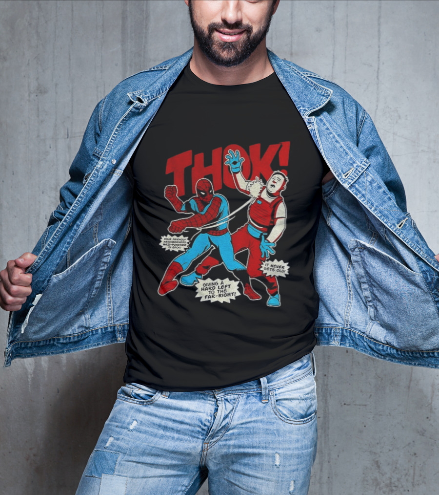 Spider Man Thok Giving A Hard Left To The Far Right Nazi Puncher Comic T-Shirt