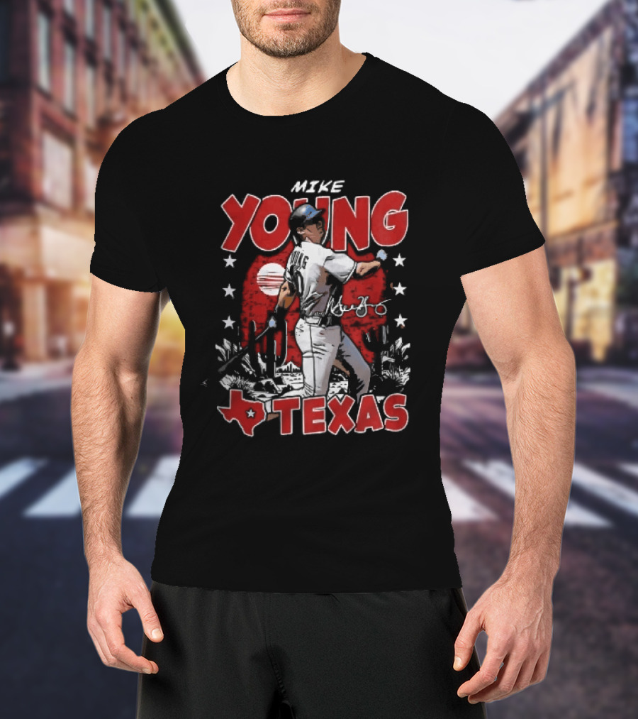 Texas Rangers MLB Mike Young Batting Cactus Red Sunset Stars T-Shirt