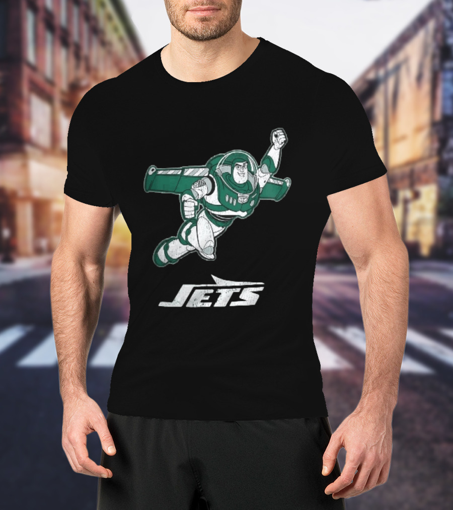 Buzz Lightyear Flying New York Jets Distressed Cartoon T-Shirt