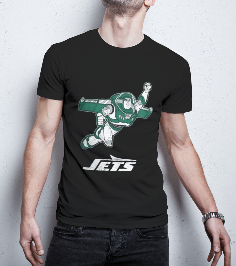 Buzz Lightyear Flying New York Jets Distressed Cartoon T-Shirt