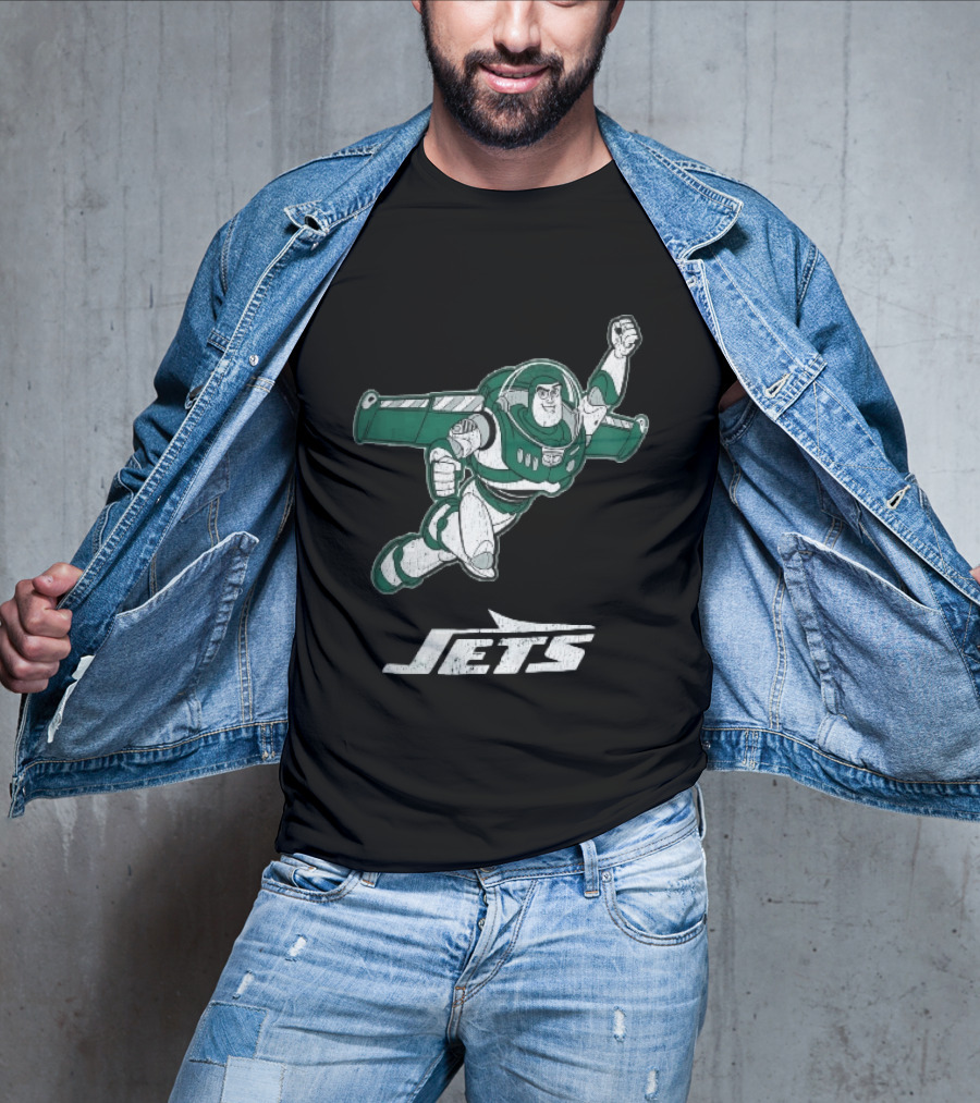 Buzz Lightyear Flying New York Jets Distressed Cartoon T-Shirt