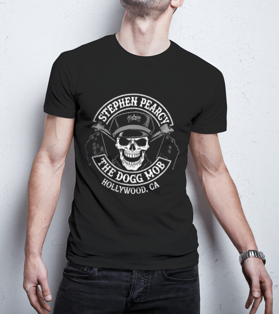 Stephen Pearcy The Dogg Mob Hollywood CA Skull Biker Cap Checkered Flags T-Shirt