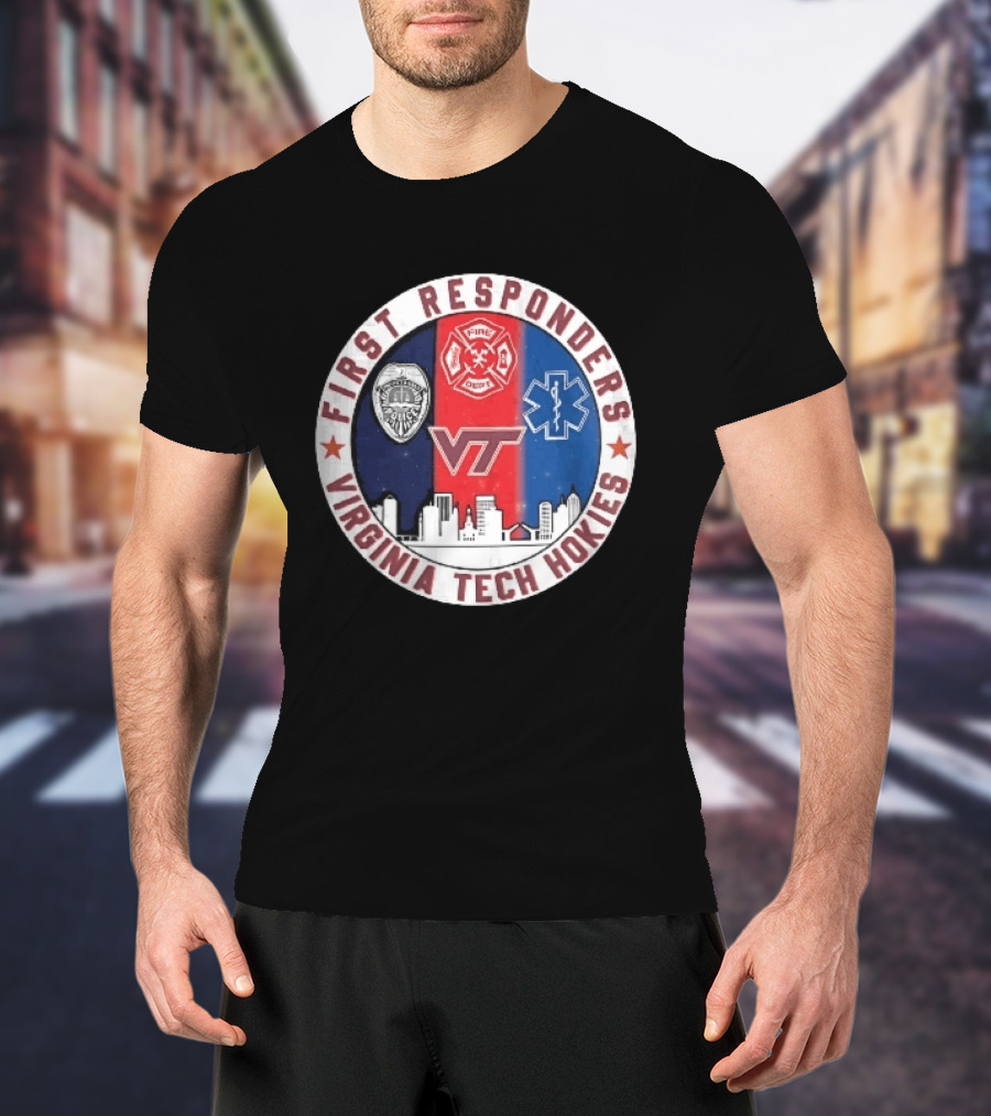 Virginia Tech Hokies First Responders Police Fire Dept EMS Star Skyline T-Shirt