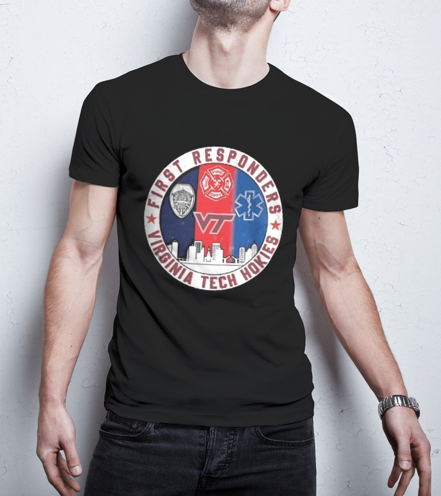 Virginia Tech Hokies First Responders Police Fire Dept EMS Star Skyline T-Shirt