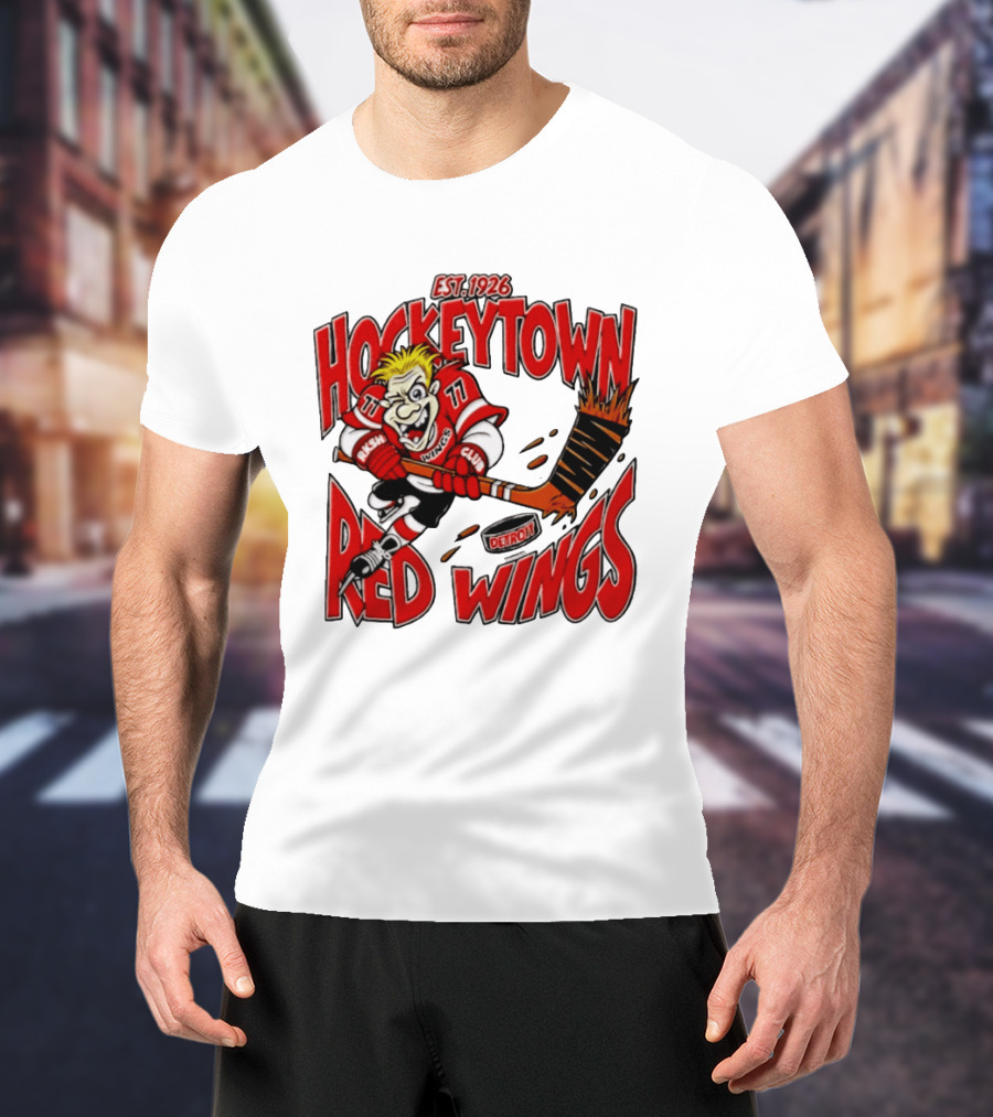 Detroit Red Wings Hockeytown Est. 1926 Vintage Cartoon Player With Flaming Hockey Stick T-Shirt
