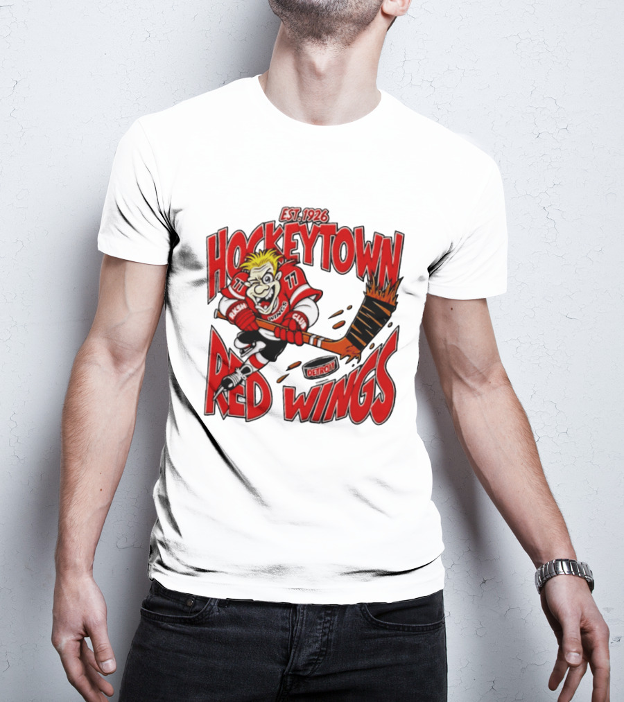 Detroit Red Wings Hockeytown Est. 1926 Vintage Cartoon Player With Flaming Hockey Stick T-Shirt